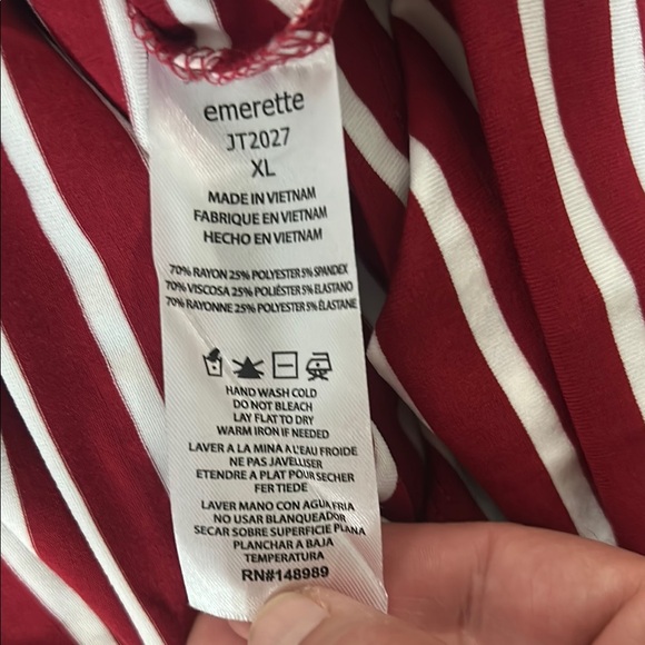 Emerette XL Red White Striped V-Neck Tee | Soft Rayon Blend |Nautical Casual Top - Picture 9 of 9
